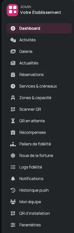 Menu de l'espace commerçant listant les modules : activités, galerie, actualités, réservations, scanner QR, récompenses, paliers, roue de la fortune, notifications et paramètres.