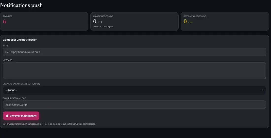 Page Notifications push avec le nombre d'abonnés et le formulaire de composition d'un message.