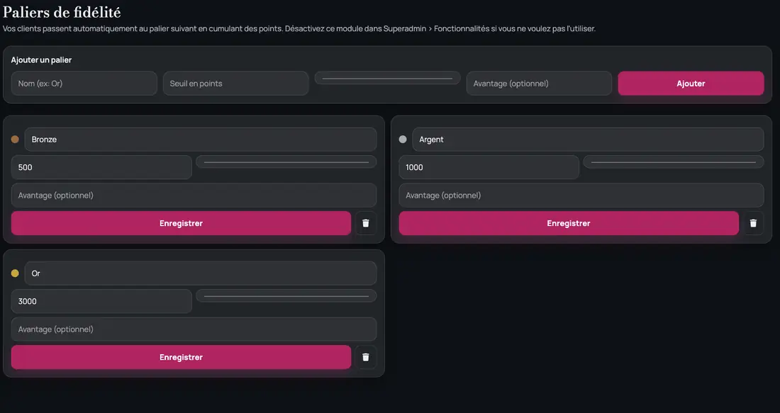 Page Paliers de fidélité avec les niveaux Bronze, Argent et Or et leurs seuils en points.
