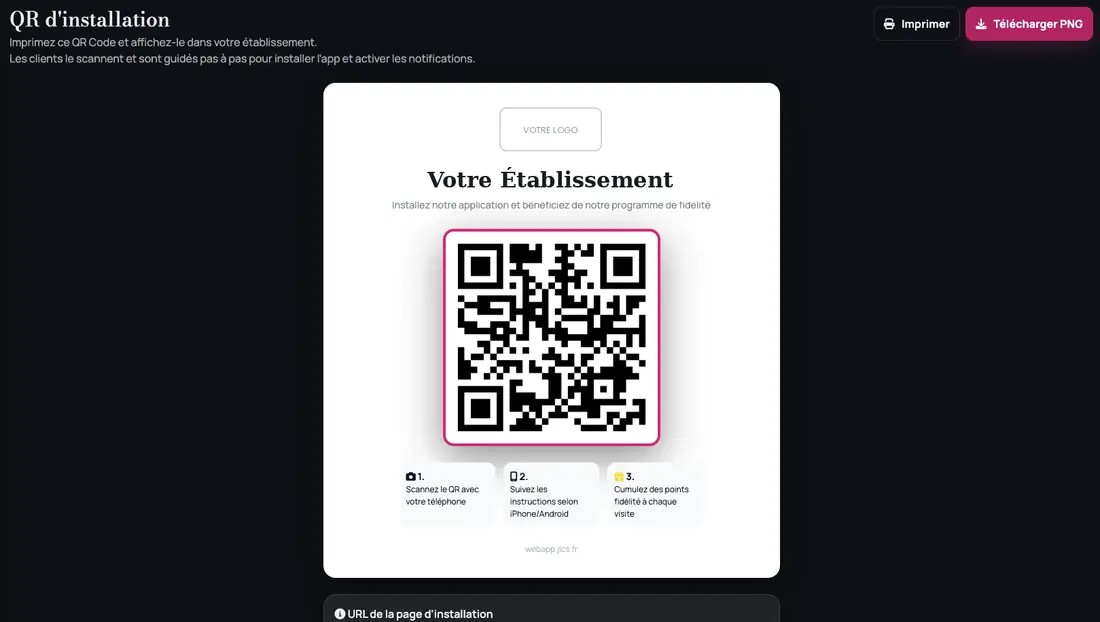 Affiche d'installation à imprimer avec le QR code de l'établissement et les trois étapes pour le client.
