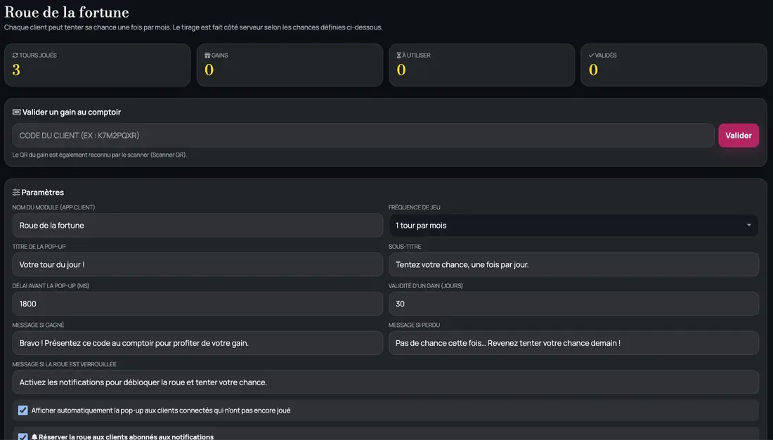 Page Roue de la fortune : statistiques, validation d'un gain au comptoir et paramètres du jeu.