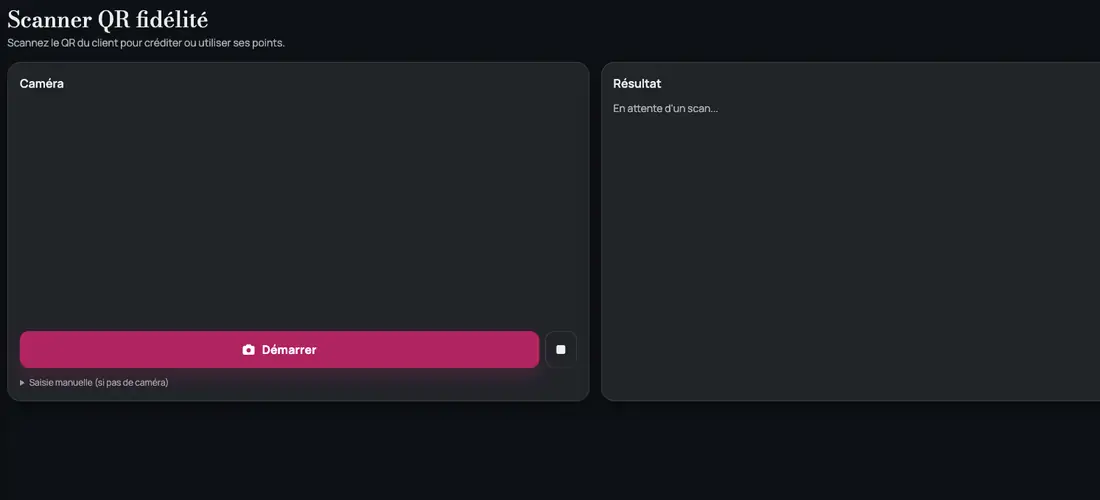 Écran Scanner QR fidélité avec la caméra et le résultat du scan.